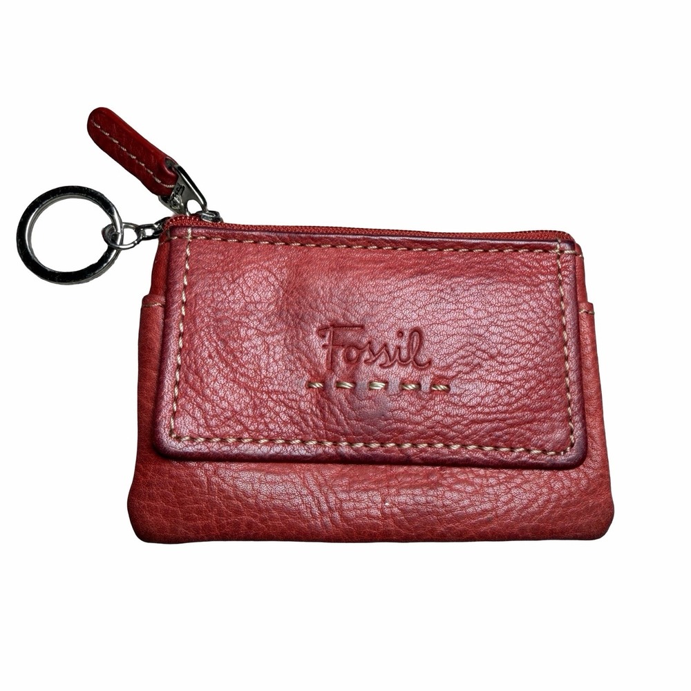 Fossil Red Genuine Leather Coin Purse Keychain Wallet Card Holder ID Zip